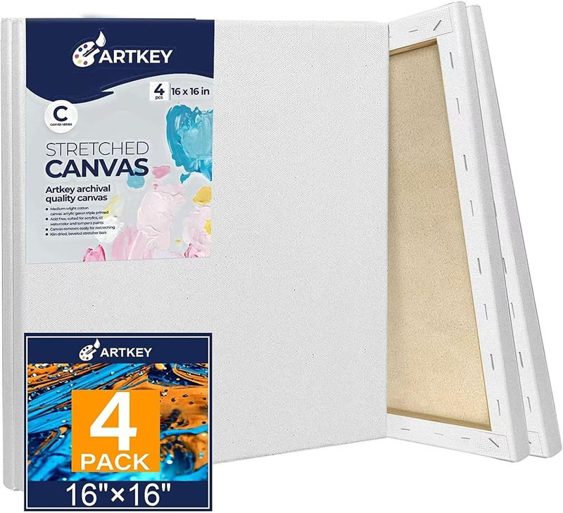 Artkey Stretched Canvases for Painting 16x16 Inch 4-Pack, 10 oz Triple Primed Acid-Free 100% Cotton Blank Canvas, Square Canvas for Oil Paint Acrylics Pouring & Wet Art Media, Pour Painting - Image 1
